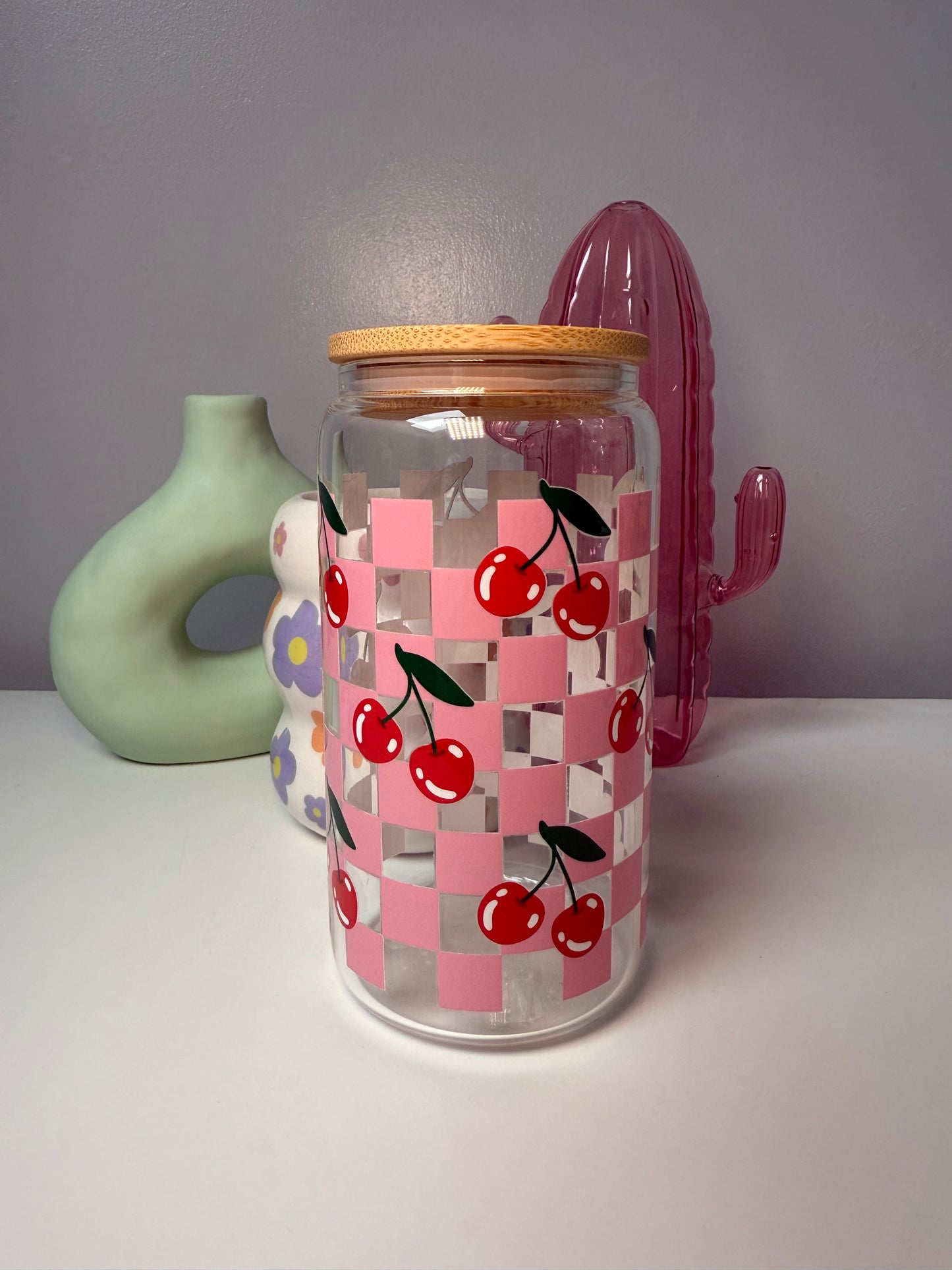 Checkered Cherry Glass Can