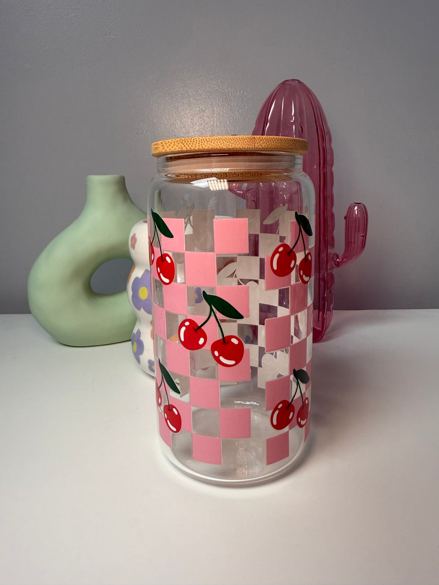 Checkered Cherry Glass Can