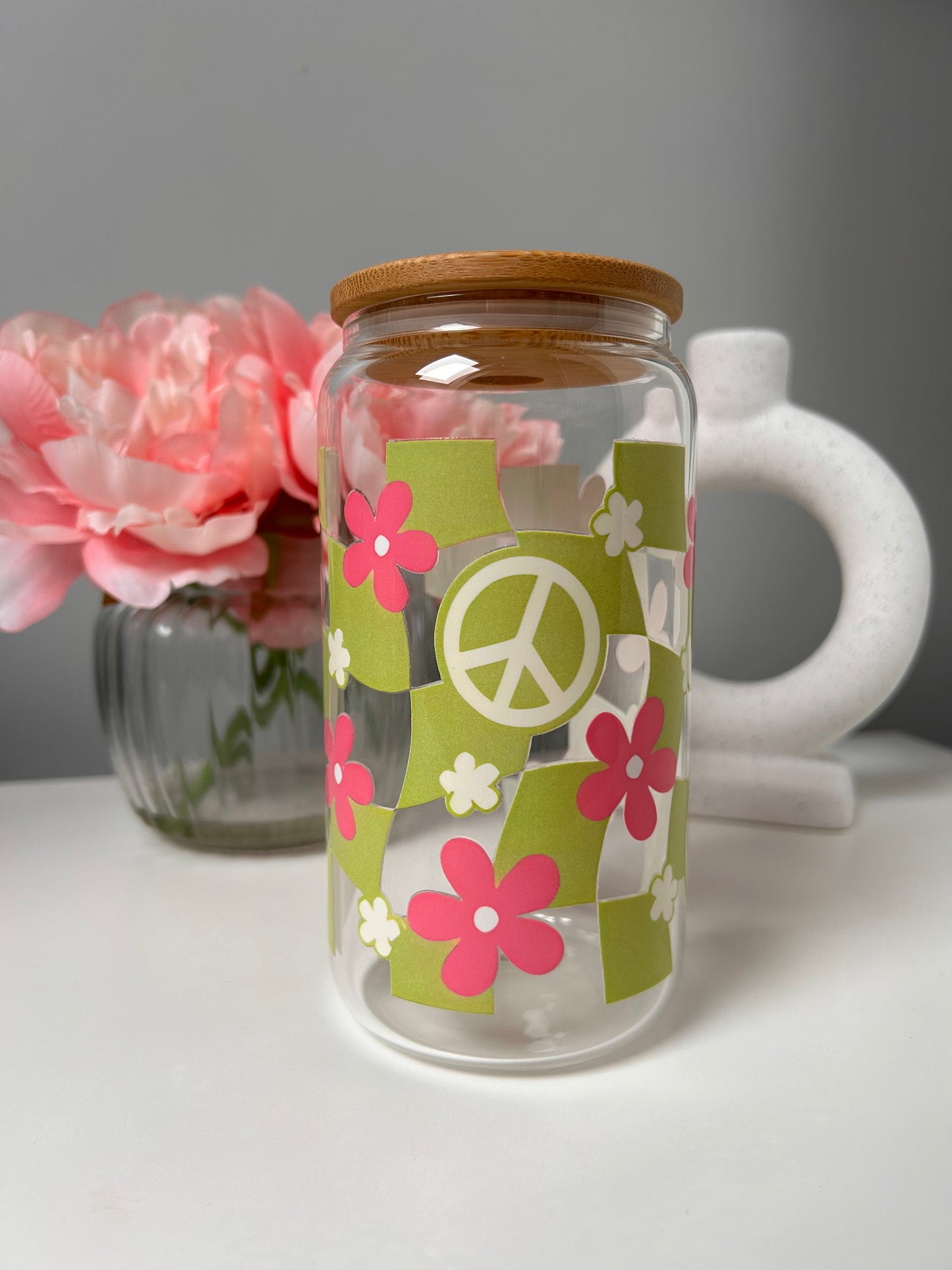 Green Groovy Boho Checkered, Peace & Flowers Glass Can