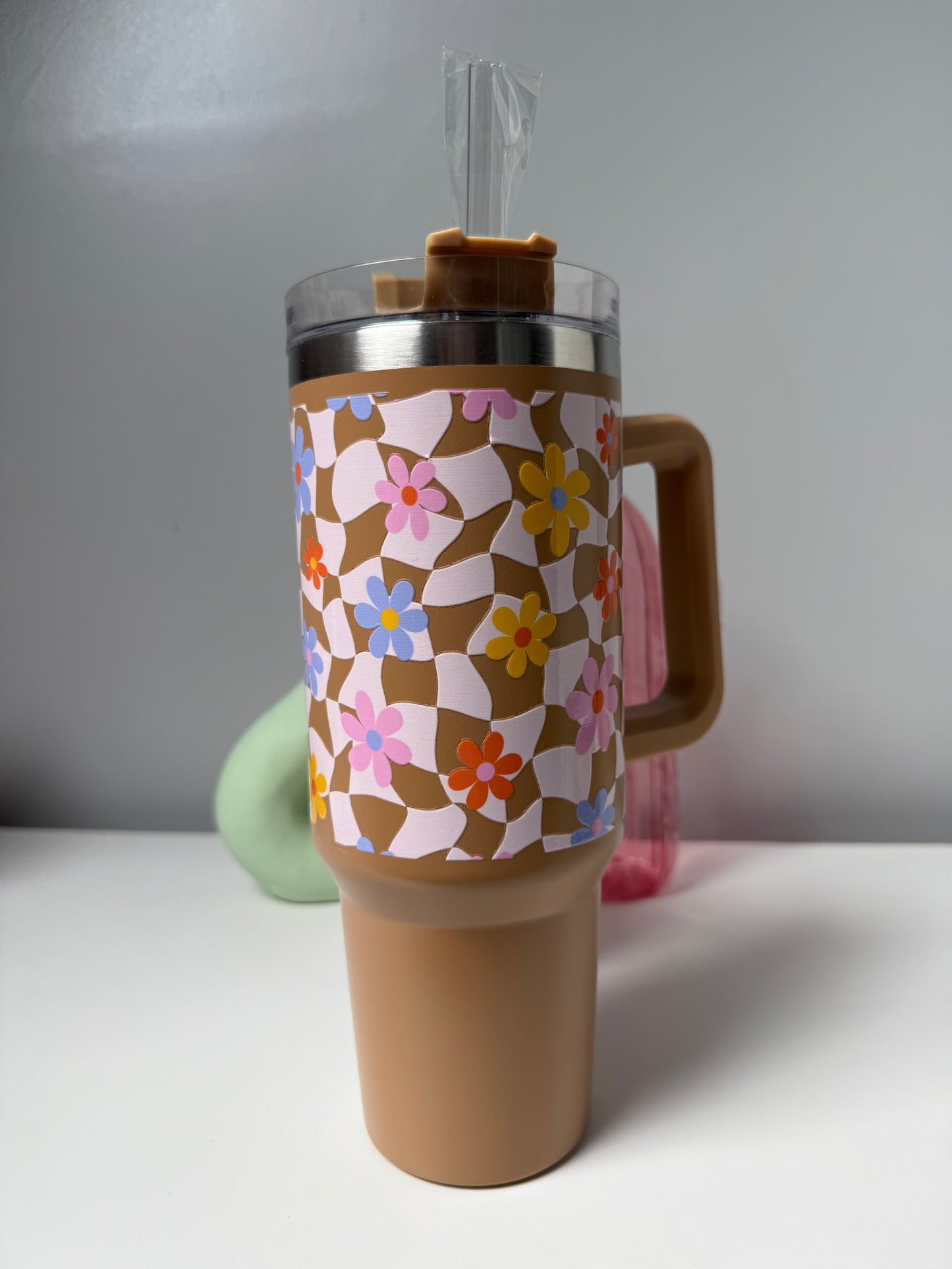 Flowery Checkered Latte Tumbler