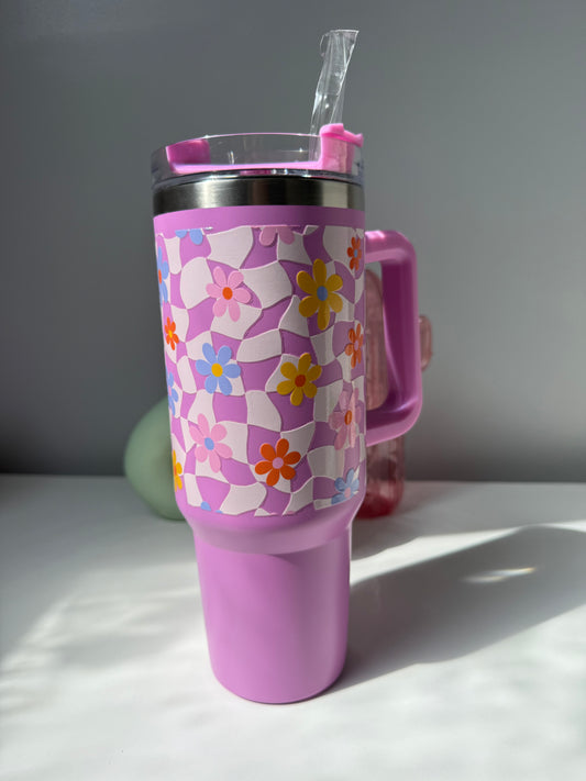 Flowery Checkered Purple Tumbler