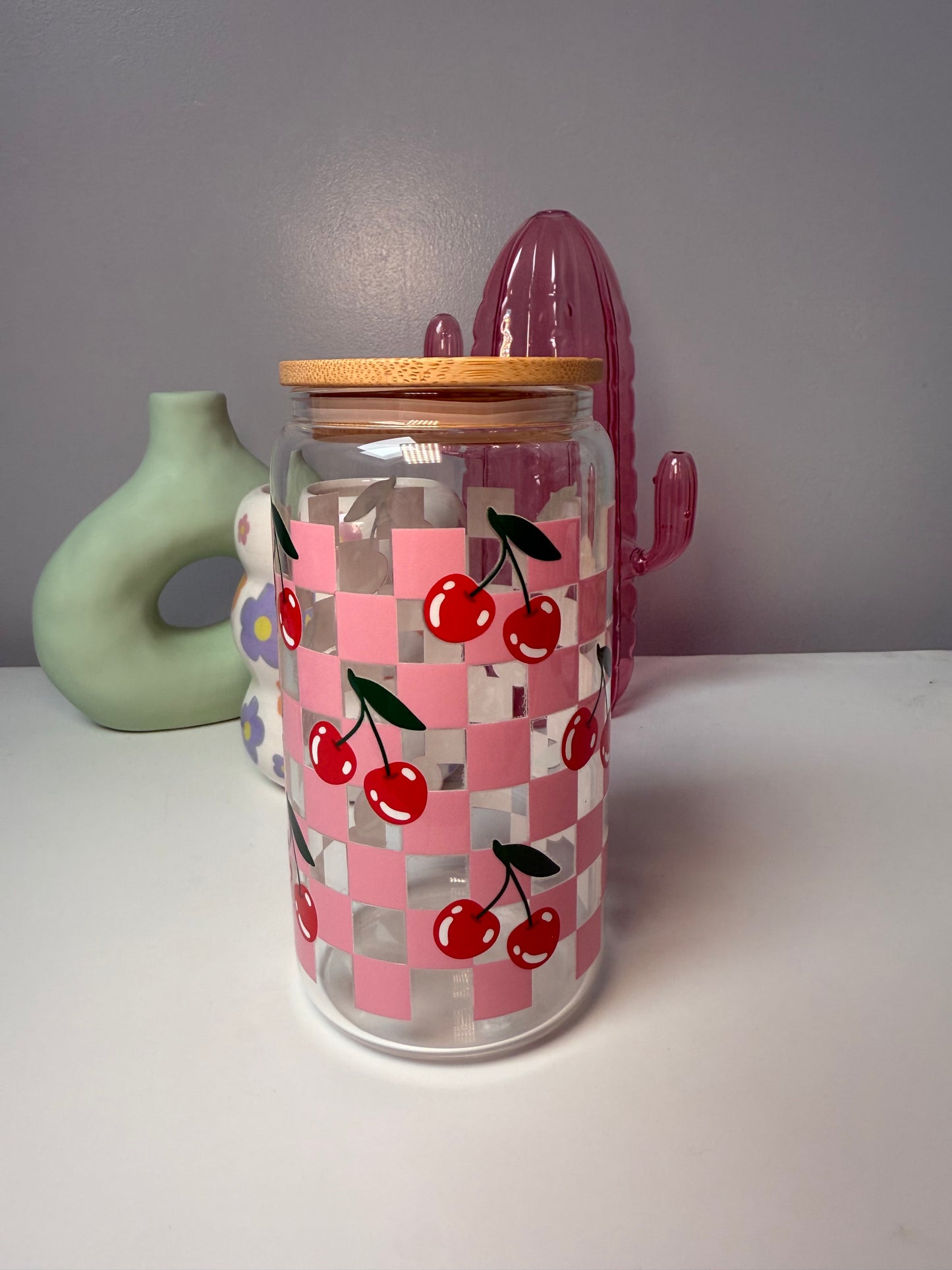 Checkered Cherry Glass Can