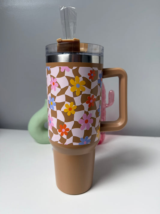 Flowery Checkered Latte Tumbler