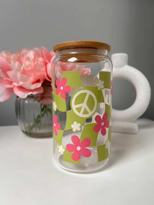 Green Groovy Boho Checkered, Peace & Flowers Glass Can