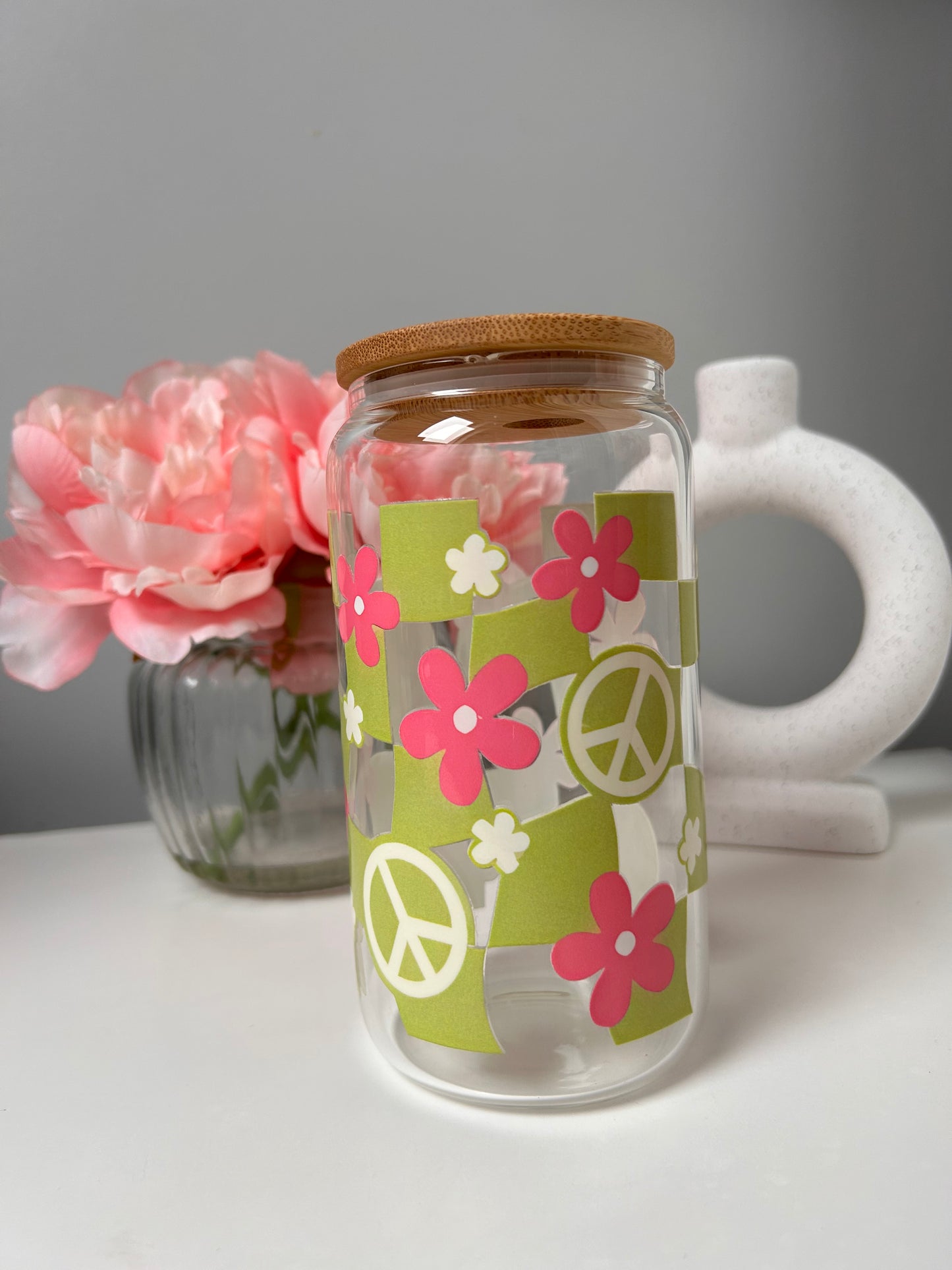 Green Groovy Boho Checkered, Peace & Flowers Glass Can