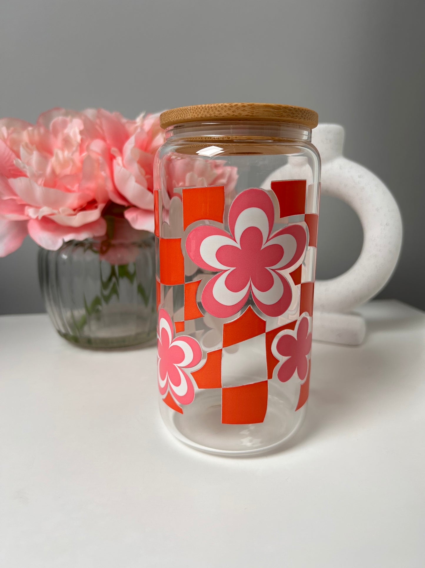 Groovy Boho Checkered Flowers Glass Can