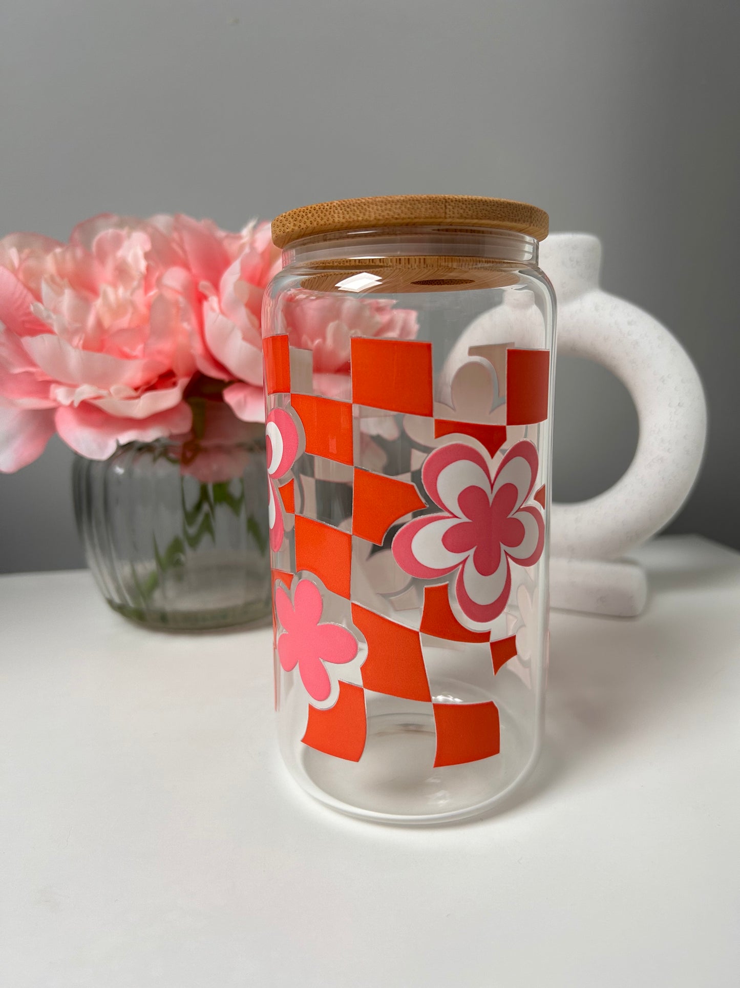 Groovy Boho Checkered Flowers Glass Can