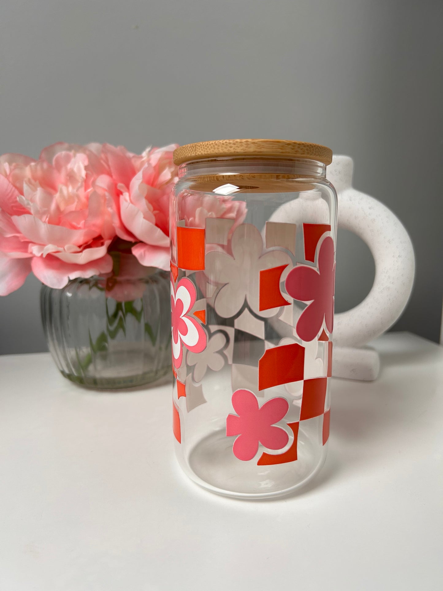 Groovy Boho Checkered Flowers Glass Can