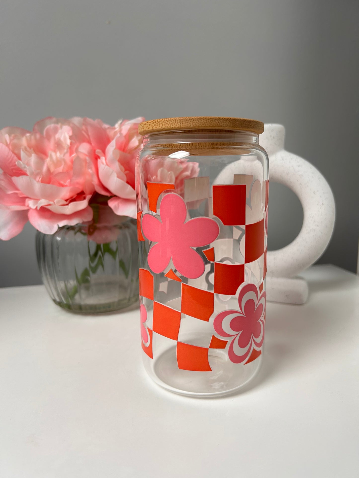 Groovy Boho Checkered Flowers Glass Can